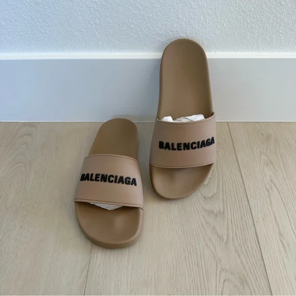 beige balenciaga pool slides